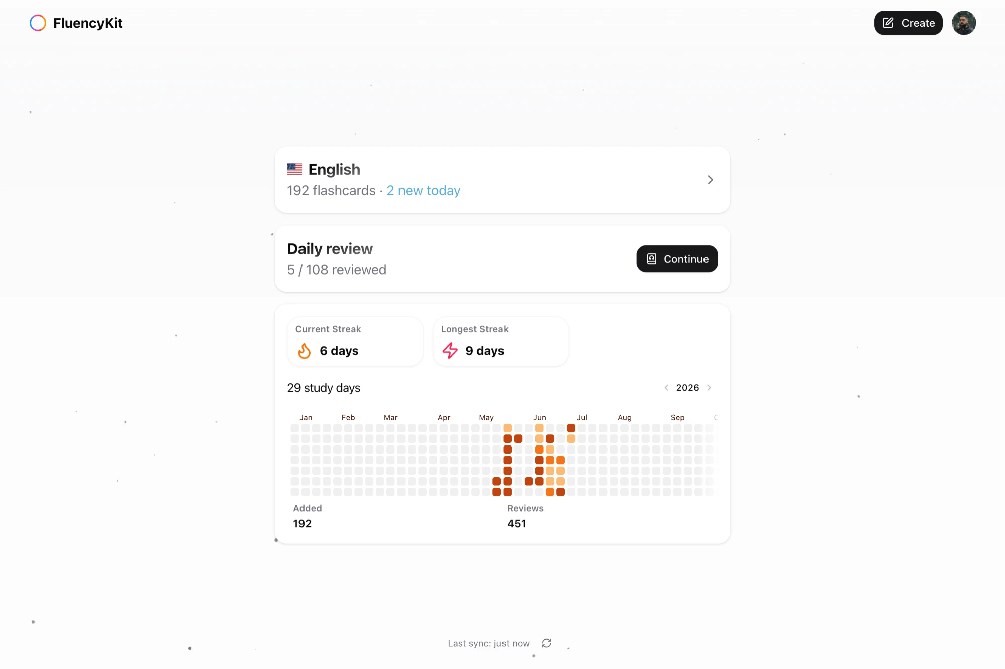 FluencyKit app dashboard showing flashcards, daily review, and study streaks
