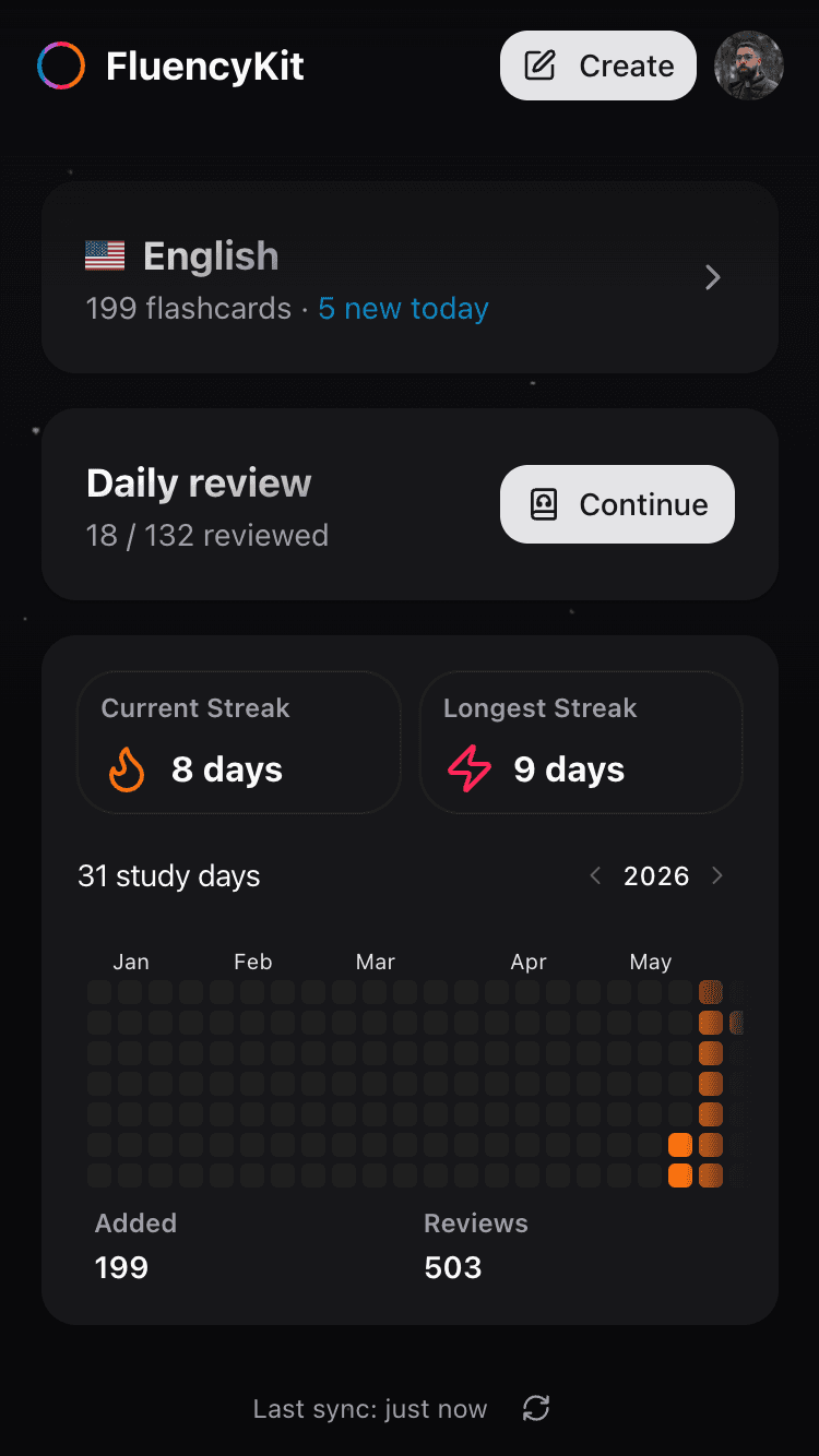 FluencyKit mobile app showing flashcards and study streaks